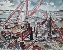 Peter Lowry (20th century) Watercolour Industrial landscape with cranes, signed lower right,
