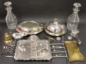 EPNS muffin dish with engraved domed cover, oval entree dish and cover, toast rack, sauce boat,