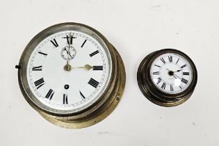 Early 20th century copper and brass ships bulkhead type clock, white enamel dial (16cm) with Roman