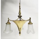 Arts & Crafts planished brass pendant ceiling light of tapering trumpet form, with three branches,