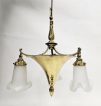 Arts & Crafts planished brass pendant ceiling light of tapering trumpet form, with three branches,