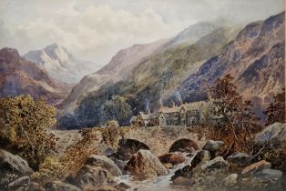 A McArthur (1795-1860) Watercolour "Betwys-y-Coed", rural landscape overlooking river and bridge,