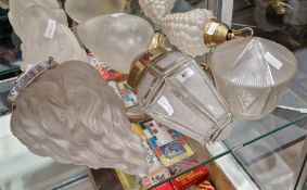 Group of frosted glass lamp shades and pendant light fittings, including two Art Deco style flame-