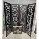 Contemporary four-panelled laser cut wooden Chinese style screen, ebonised, 155.5cm high and a