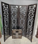 Contemporary four-panelled laser cut wooden Chinese style screen, ebonised, 155.5cm high and a
