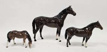 Three Beswick pottery models of chestnut horses, printed black marks, comprising Quarter Horse, a
