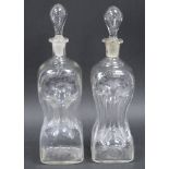 Pair of late 19th century engraved glug-glug decanters and stoppers, each engraved with birds,