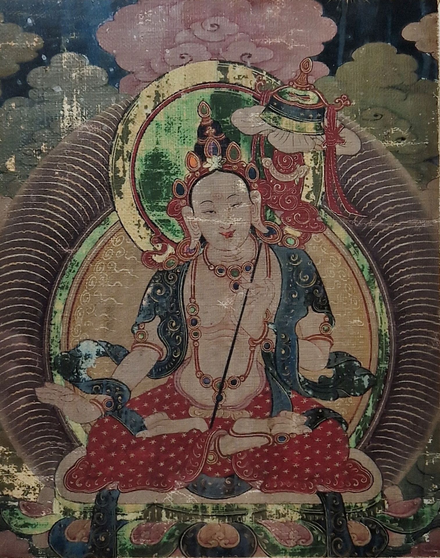 19th century Tibetan Thangka Distemper on canvas/cloth Tibetan deity, probably Manjusri - Image 2 of 3