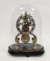 Victorian brass skeleton fusee clock under glass dome, on ebonised base, the silvered chapter ring