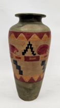 Contemporary large painted terracotta vase, tapering oviform, incised with bands of geometric