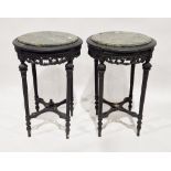 Pair of black painted circular occasional tables with green veined marble tops, the bases with