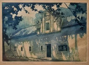 After D Moyan/Morgan?? Etching and aquatint "Old Dutch House near Stellenbosch", signed and titled
