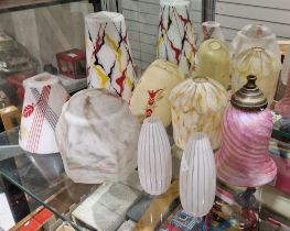 Group of predominantly mid-20th century opaque glass lampshades, including two white opaque examples