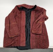Hand made deep pink-red striped silk smoker's jacket, early-mid 20th century, with black lining
