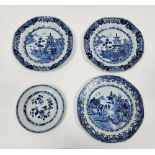 Four Chinese export blue and white plates, late 18th century, comprising a pair of octagonal form