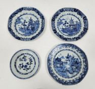 Four Chinese export blue and white plates, late 18th century, comprising a pair of octagonal form
