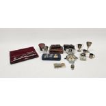 Pair of mother-of-pearl opera glasses in leather case, a drawing set, an AA badge, assorted silver