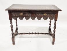 Oak revived 17th century style carved side table, rectangular with two short drawers on barley twist