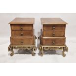 Pair of early 20th century quarter veneered and parcel-gilt bedside tables, each with square moulded