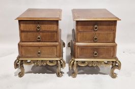 Pair of early 20th century quarter veneered and parcel-gilt bedside tables, each with square moulded
