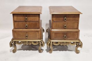 Pair of early 20th century quarter veneered and parcel-gilt bedside tables, each with square moulded