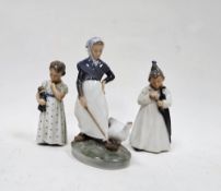 Three Royal Copenhagen porcelain figures, comprising a girl and goose, 18.5cm high, a young girl