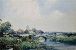 Noel Harry Leaver (1889-1951) Watercolour English countryside scene overlooking river and bridge,