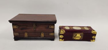 Victorian rosewood and brass-mounted toilet box, the interior fitted with compartmentalised trays