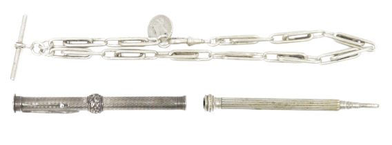 Victorian silver albert, Birmingham 1898, having long staple links with clip and bar, a silver-
