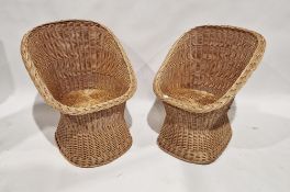 Pair of vintage wicker tub shaped chairs raised on oval bases, 77cm high (2)