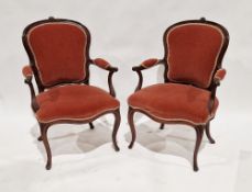 Pair of Victorian mahogany armchairs upholstered in a fuchsia-coloured fabric, 94cm high (2)