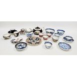 English porcelain blue and white transfer printed 'Willow' pattern part tea service, circa 1820, a