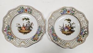 Two Dresden Meissen style pierced dessert plates, late 19th century, blue crossed swords marks, each