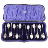 Edwardian silver set of 12 apostle-top teaspoons with matching sugar nips, Sheffield 1910, makers