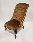 Victorian mahogany slipper chair with button back, upholstered in brown fabric with gold trim,