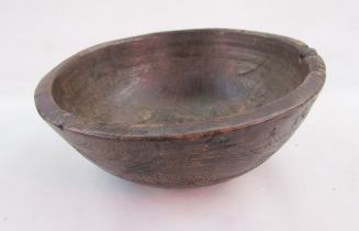 Large treen sycamore dairy bowl, turned with three concentric bands to the exterior, 43cm