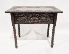 Carved and stained wood side table, the lift up top with fruit and foliage carved decoration, on