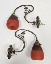 Pair of Art Nouveau brass wall lights with S-shaped tendril branches and lobed wall mounts, with