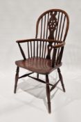 19th century hardwood Windsor wheelback armchair with wheelback splat, yew hoop and arms, turned