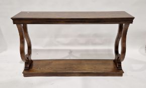 Modern oak console table with lyre-shaped supports, 83cm high x 140cm wide x 35cm deep