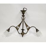 Art Nouveau pendant brass two-branch ceiling light with central globe finial and pierced decoration,