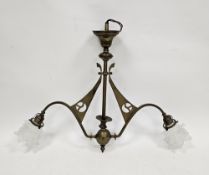 Art Nouveau pendant brass two-branch ceiling light with central globe finial and pierced decoration,