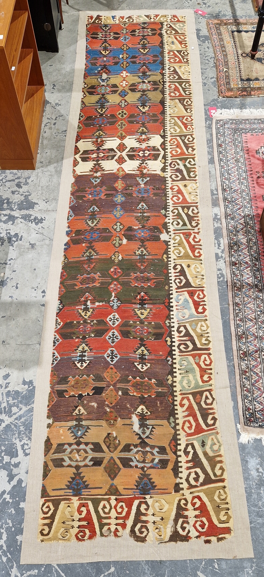 19th century Turkish Anatolian cream ground runner with repeating geometric pattern and single