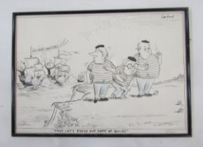 Nicholas Garland (1935), pen, ink and crayon on paper, 'First Let's Finish Our Game of Boules',