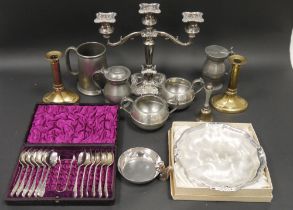 Quantity sundry EPNS to include candelabrum, oval dishes, pewter mugs, set of 12 engraved