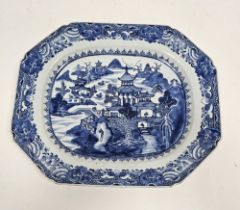 Chinese export blue and white porcelain serving dish, late 18th century, painted with figures before
