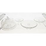 Contemporary glass cakestand and dome cover with knop finial, 26cm high and three glass comports