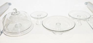 Contemporary glass cakestand and dome cover with knop finial, 26cm high and three glass comports
