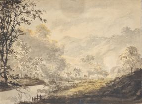 18th/19th century school Watercolour Rural scene with river and dwellings, inscribed "painted by R.