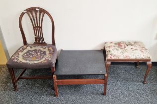 19th century mahogany dining chair with floral upholstered seat, 92cm high, a mahogany footstool and